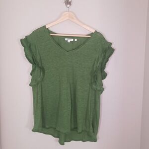Chicos 100% Linen Ruffle Trim Sleeveless Top XL Green Coastal Boho Blouse
